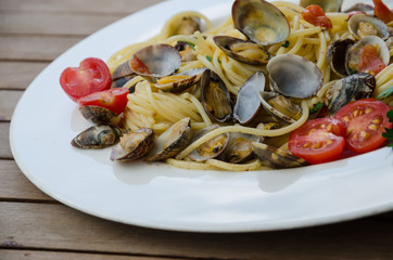 close-up of spaghetti with clams seafood