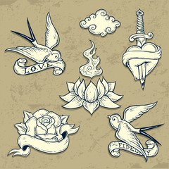 Set of Old School Tattoo Elements with skulls