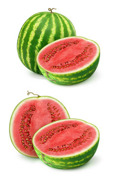Isolated watermelons. Two images of cut watermelon fruits isolated on white background