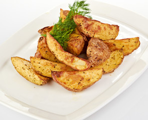 Fried potato wedges isolated on white background