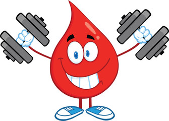 Smiling Red Blood Drop Character Training With Dumbbells