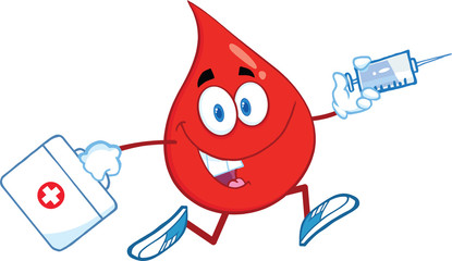 Red Blood Drop Character Running With A Syringe And Medicine Bag