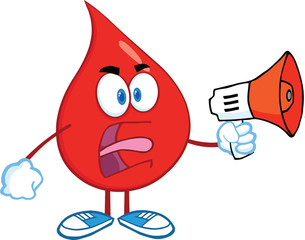 Angry Red Blood Drop Character Screaming Into Megaphone