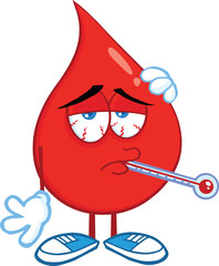 Sick Blood Drop Cartoon Character With Thermometer