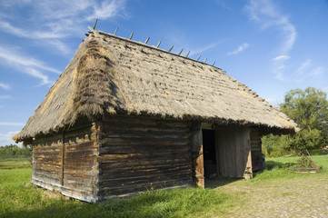 Fototapeta na wymiar Wooden barn with thatched roof