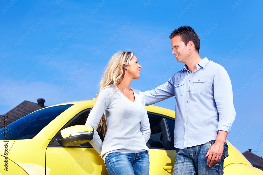 Canvas Prints couple near new car.