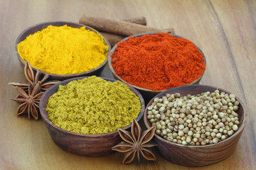 Selection of Indian spices on wooden background, close up
