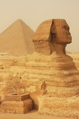 The Sphinx and Great Pyramid of Khufu in a sand storm, Cairo