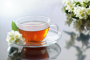 Transparent cup with green tea and fresh herbal bouquet