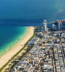 aerial of town and beach of Miami