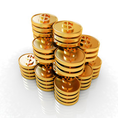 Gold dollar coin stack isolated on white