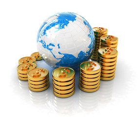 Gold dollar coin stack around the Earth isolated on white