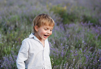 Little boy in lavender field. Outdoor summer portrait.