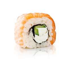 traditional fresh japanese sushi rolls on a white background