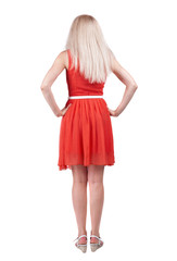 back view of standing young beautiful  woman.