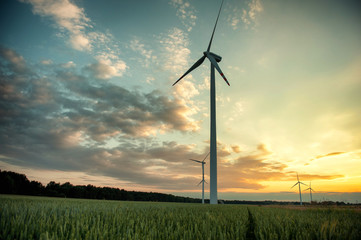 wind turbines at sunset