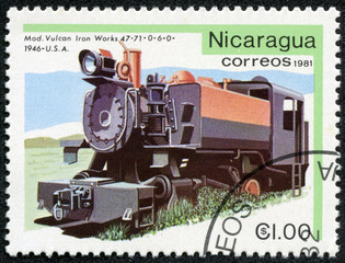 Fototapeta na wymiar Stempel drukowane w Nikaragui pokazuje lokomotywa
