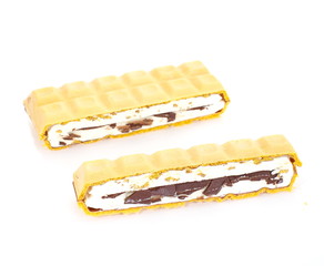 Tasty waffle and ice cream with cream