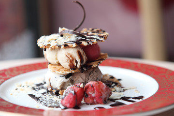 Waffles with ice cream and fruits