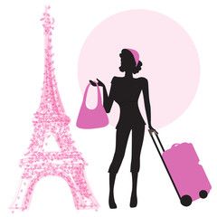 young  woman with suitcase in Paris
