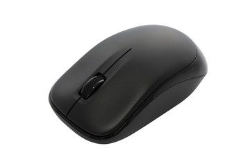 Up side black wireless mouse on white background.