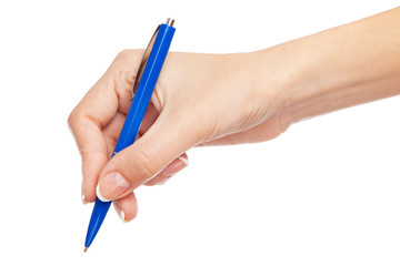 Female hand holding a pen, isolated on white background