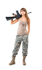 Soldier young beautyful girl dressed in a camouflage with a gun