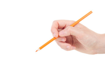 Caucasian hand with orange pencil