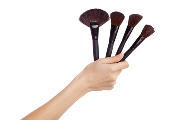 Female hand holding makeup brushes