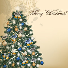 Christmas vintage vector greeting card with Xmas tree