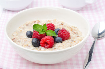 healthy breakfast-oatmeal with fresh berries, horizontal closeup
