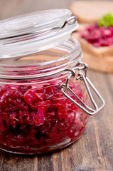 Beet caviar in a glass jar