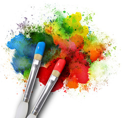 Paintbrushes with Paint Splatters on White