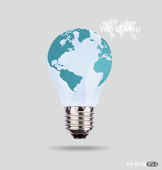 Illustration of an electric light bulb with a world map. Vector