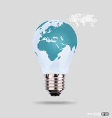 Illustration of an electric light bulb with a world map. Vector