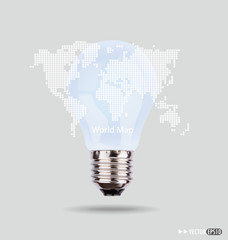 Illustration of an electric light bulb with a world map. Vector