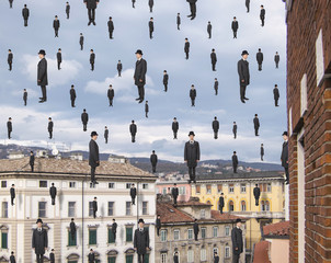 businessmen floating in the sky over european city, magritte sty