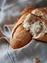 Baguette on a linen cloth