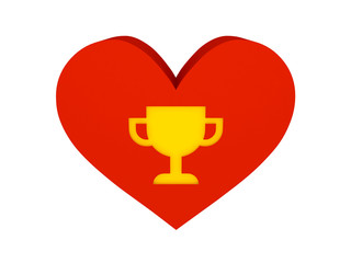 Big red heart with trophy symbol. Concept 3D illustration