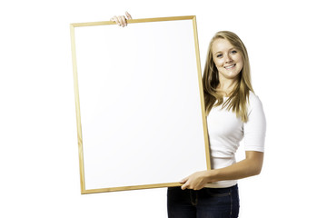 Young, blond woman with blank board