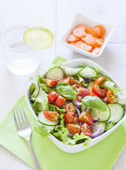 fresh green salad with lettuce, cucumber, tomato and red onion.