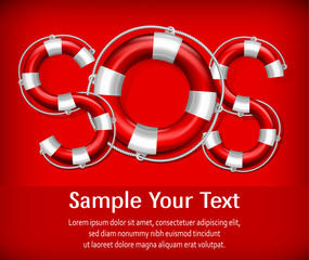 SOS symbol of life buoys on red background, vector illustration