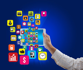 Tablet pc with colorful application and social media icon