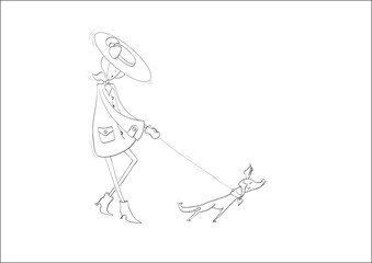 contour of  beautiful lady with small dog