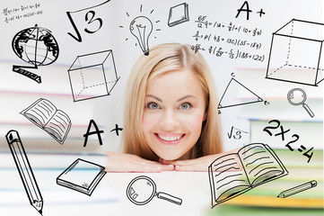 student with stack of books and doodles