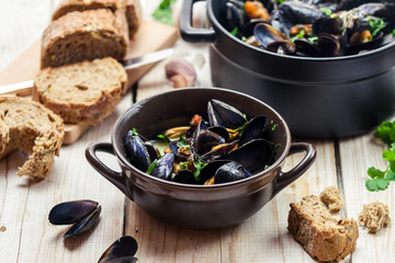 Closeup of Mussels as a lunch by the sea