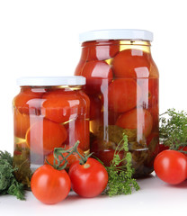 Tasty canned and fresh tomatoes, isolated on white