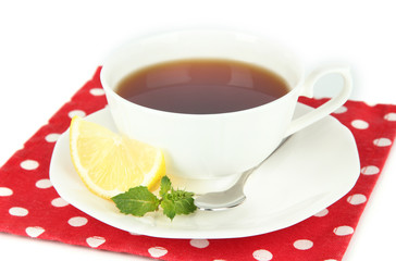 Cup of tea with lemon isolated on white
