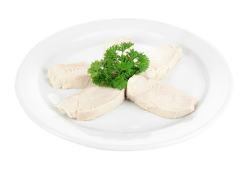 Boiled chicken meat, isolated on white