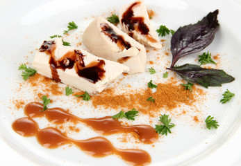 Boiled chicken meat with paprika and sauce, isolated on white